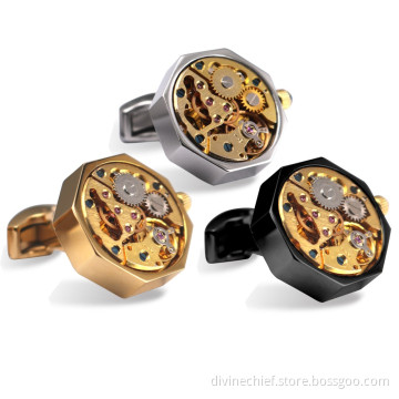 Custom High Quality Golden Movement Cufflinks, Octagon Shape Plating Men Watch Cufflinks